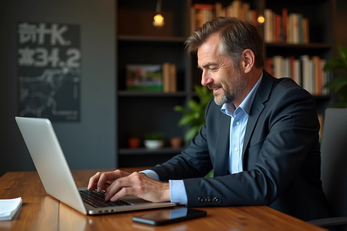 Homme d'âge moyen travaillant sur ordinateur avec statistiques hippiques