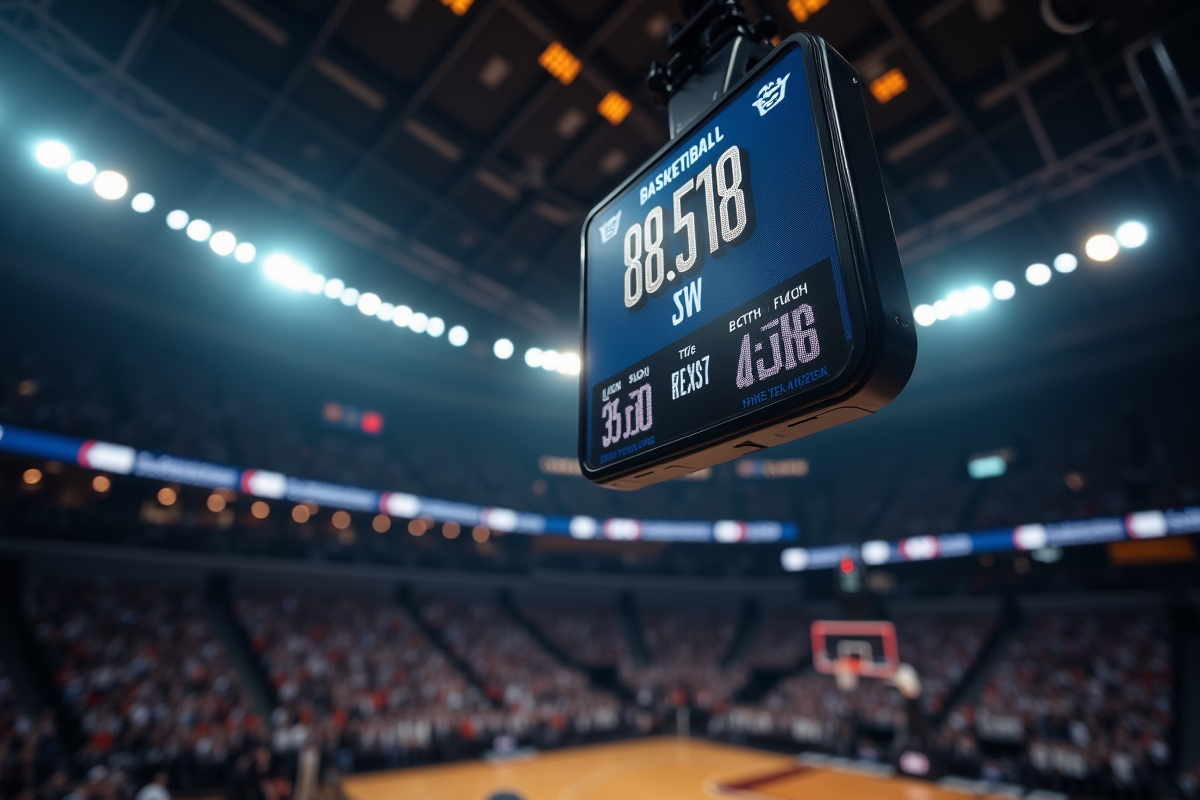 Horloge de stade de basketball affichant le compte à rebours lors d'un match intense