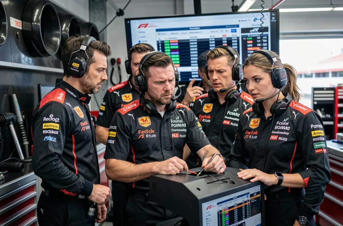 Ingénieurs de l'équipe de Formule 1 analysant les données de course et le classement en temps réel dans le garage du stand, saison F1 2026