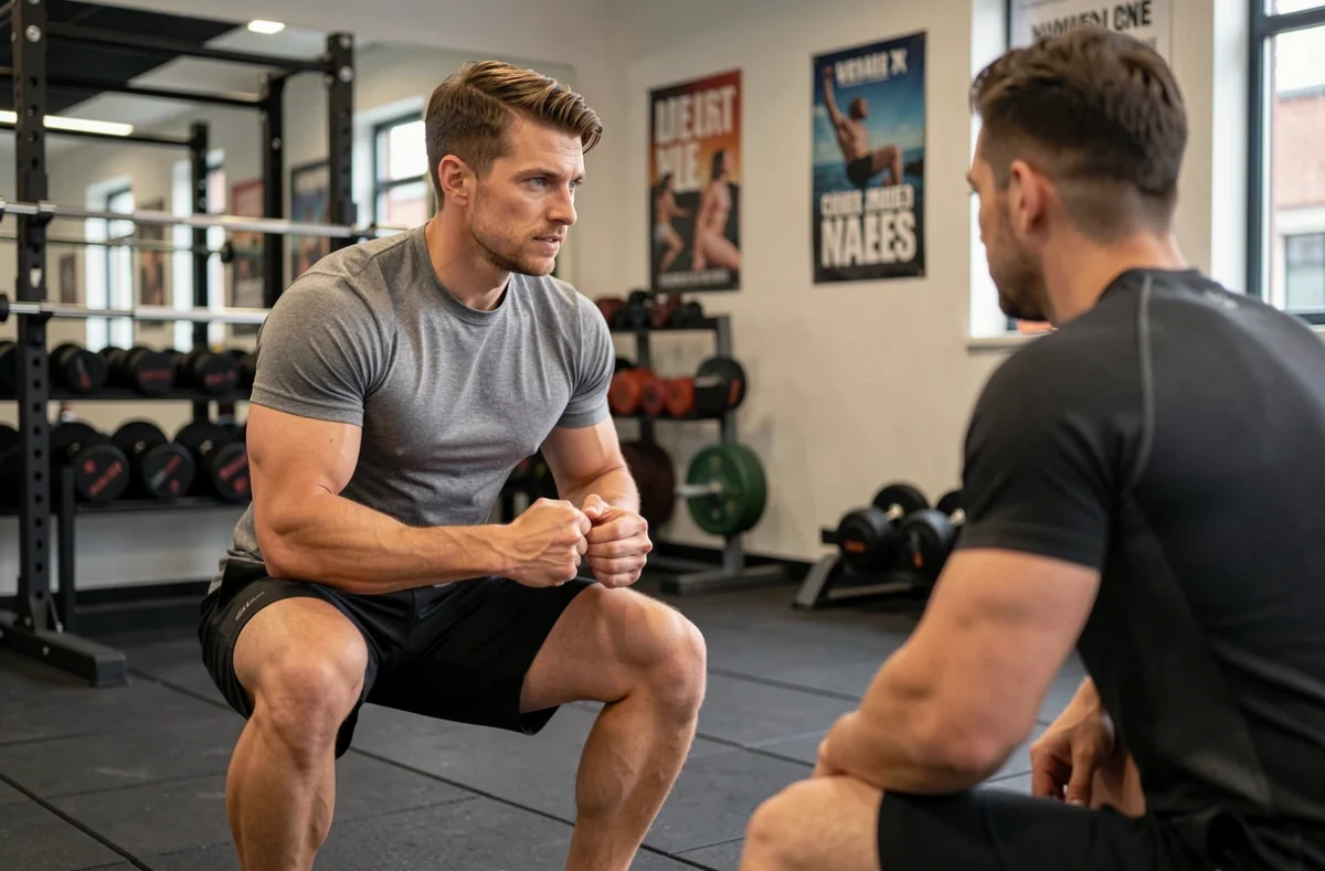 Jérémie Pétillon, coach sportif à Lille, guidant un client lors d'un exercice de squat en salle