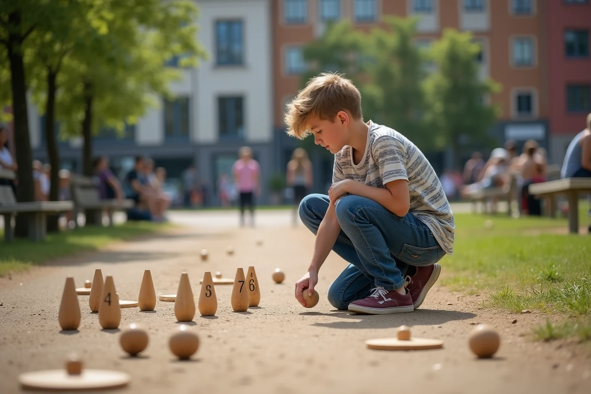 Adolescent étudiant les pins de molkky sur un chemin urbain