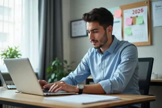 Jeune homme algérien au bureau avec ordinateur portable