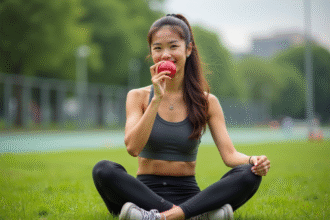 Jeune athlète femme mangeant une pomme dans un parc