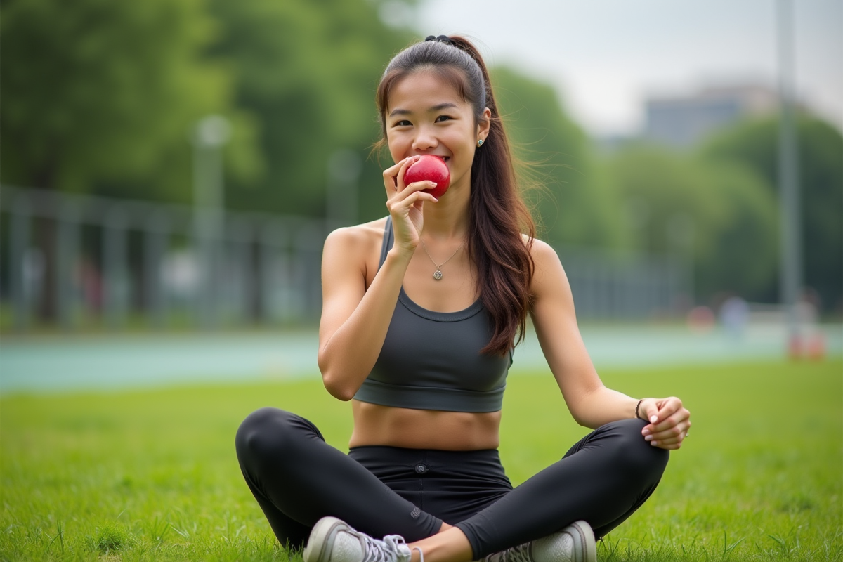 Jeune athlète femme mangeant une pomme dans un parc