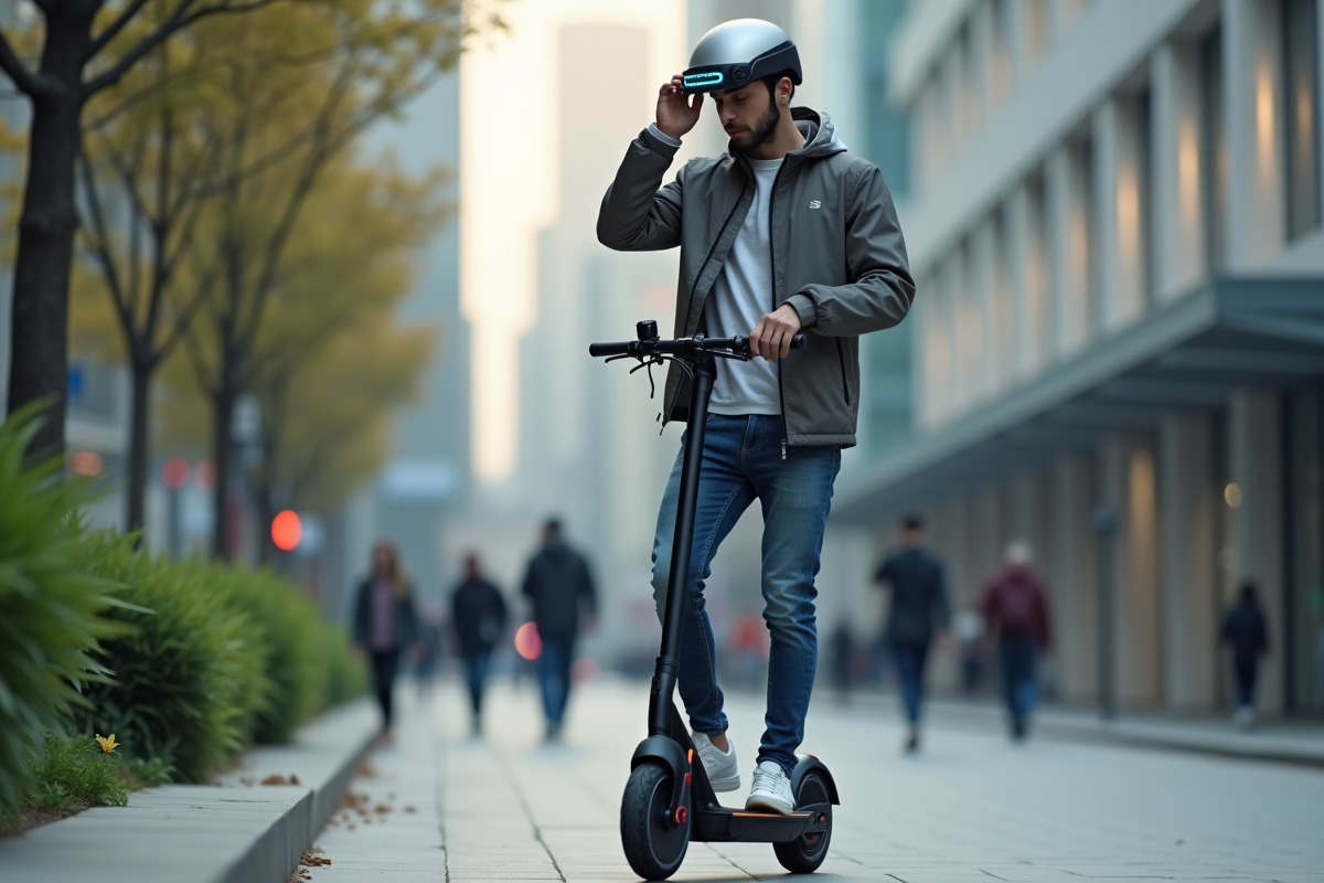 Jeune homme urbain avec scooter électrique et casque connecté