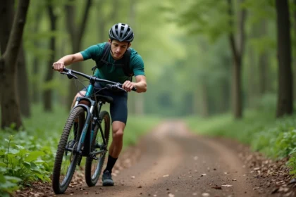 Jeune homme vérifiant la pression de son pneu de VTT en forêt