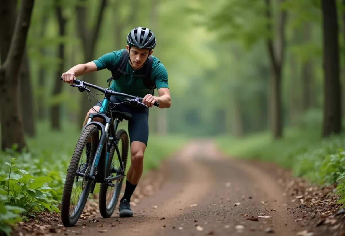 Jeune homme vérifiant la pression de son pneu de VTT en forêt
