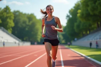 Jeune femme sportive souriante sur la piste d'athlétisme
