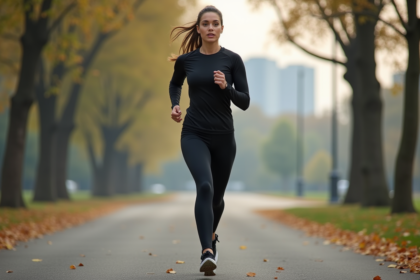 Jeune femme sportive courant dans un parc urbain en automne