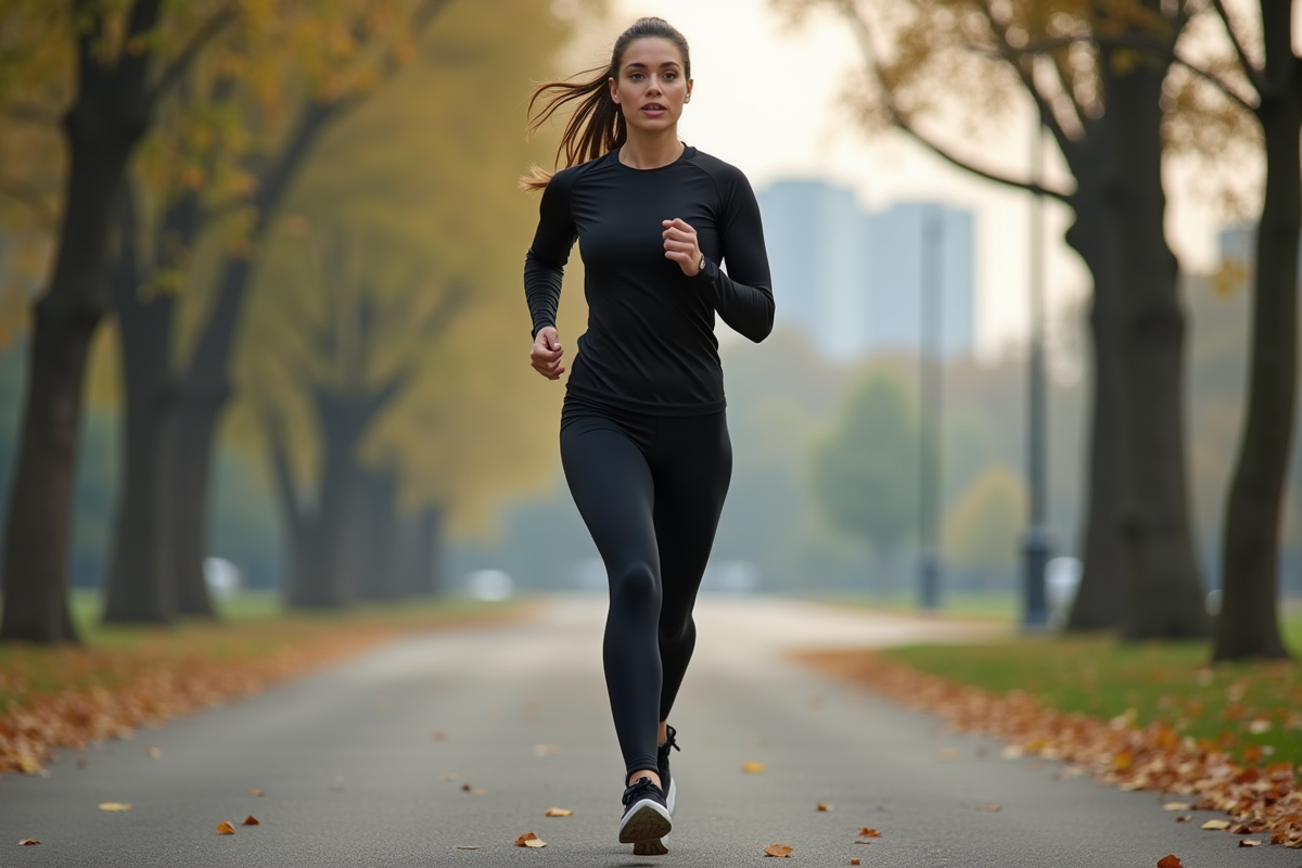 Jeune femme sportive courant dans un parc urbain en automne