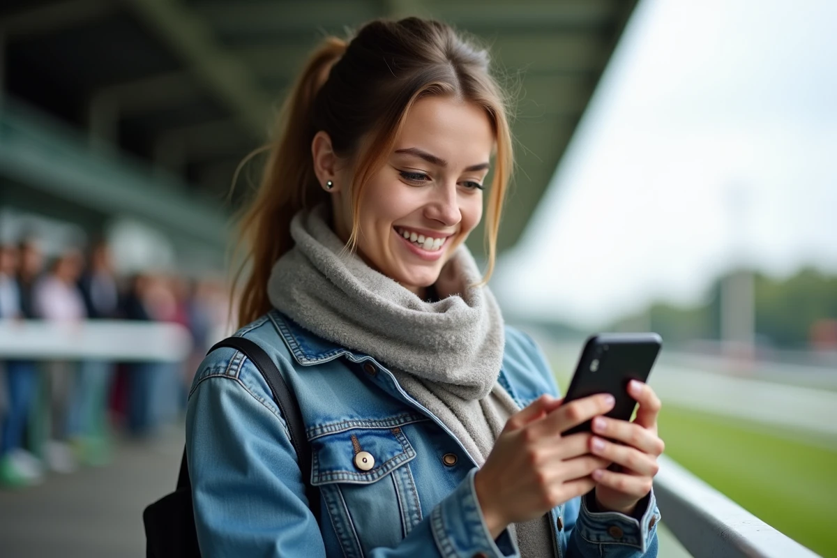 Jeune femme au racetrack utilisant son smartphone pour parier