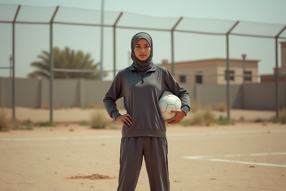 Jeune femme musulmane avec ballon de football sur terrain poussiereux