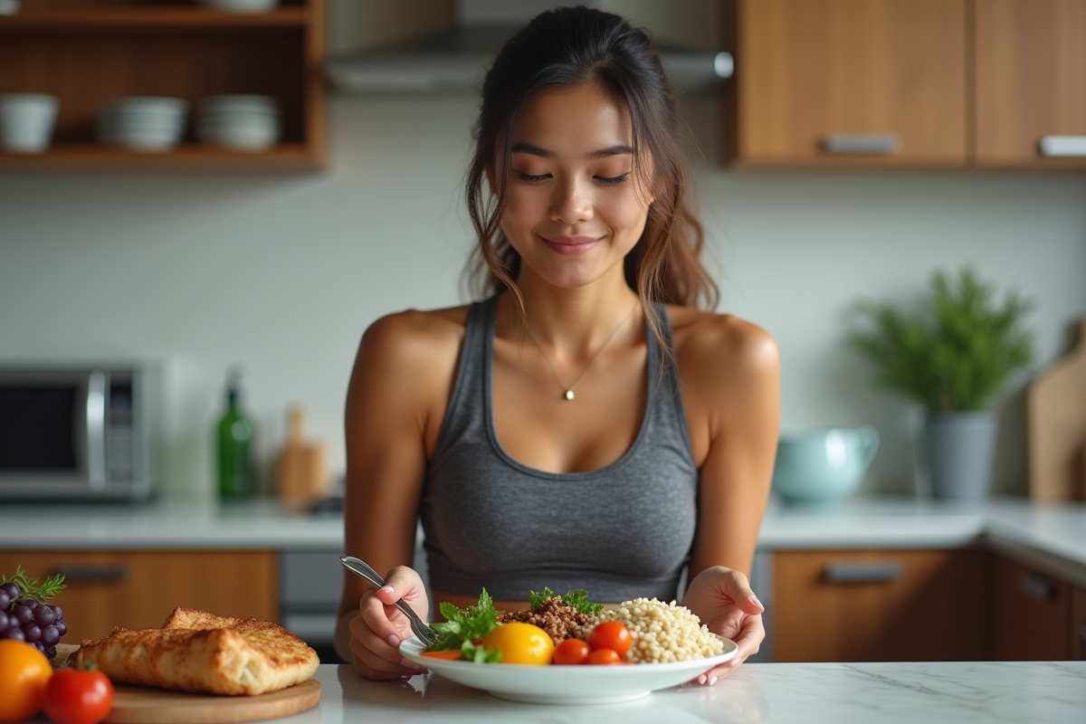 Jeune femme sportive préparant un repas équilibré dans la cuisine