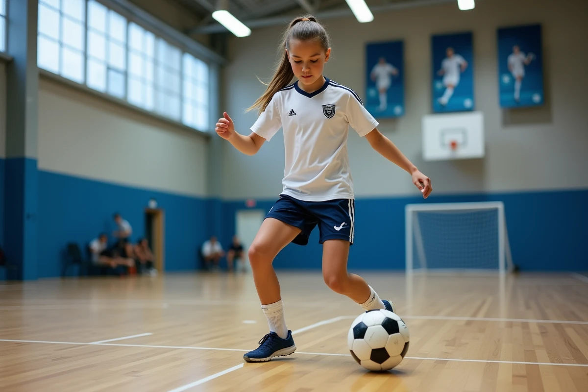 Fille en entraînement indoor mimant un geste technique de football