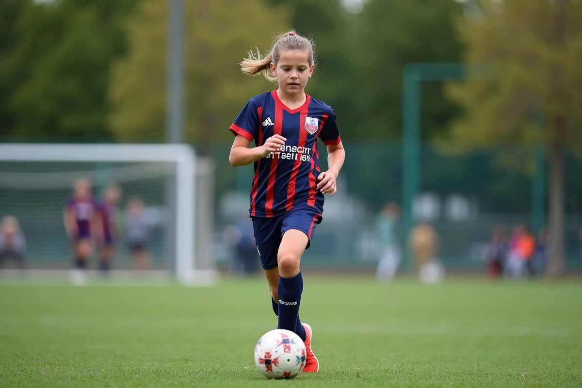 Jeune fille football en action sur un terrain artificiel en Isere