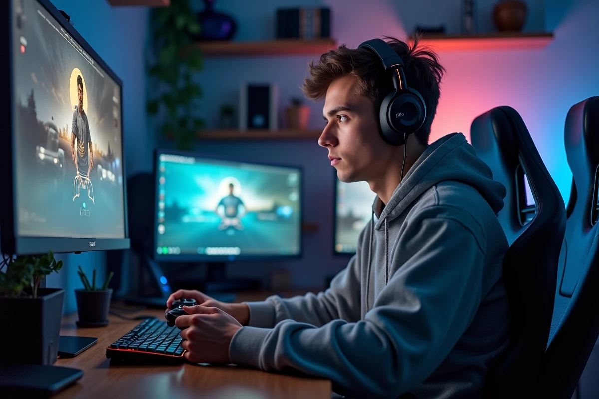 Jeune homme jouant à la console dans un bureau gaming moderne