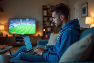 Jeune homme regardant un match de football sur son ordinateur