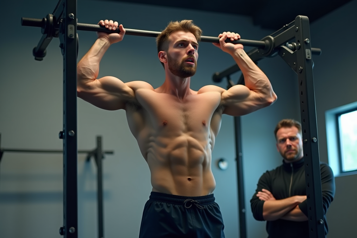 Jeune homme en sport tente un pull-up dans une salle lumineuse