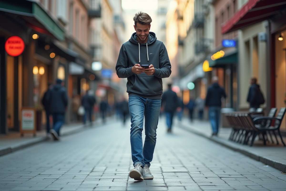Jeune homme en jeans et hoodie marche dans la ville