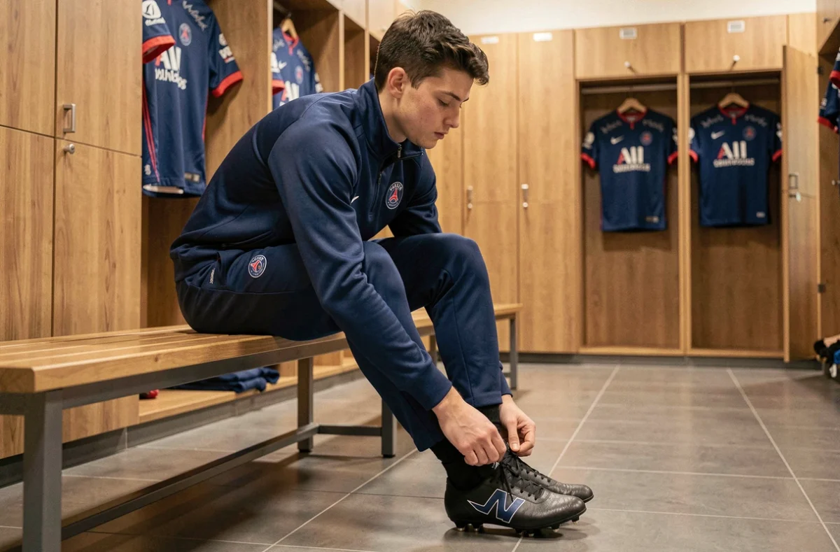 Jeune joueur de l'académie du PSG dans le vestiaire professionnel lacant ses chaussures de football avant l'entraînement