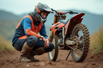 Jeune homme en motocross inspectant ses pneus sur un terrain