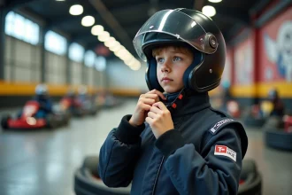 Jeune garçon en combinaison de course ajustant son casque près des karts