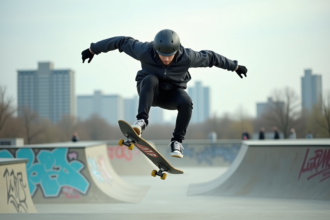 Jeune homme en skate dans un skatepark urbain dynamique