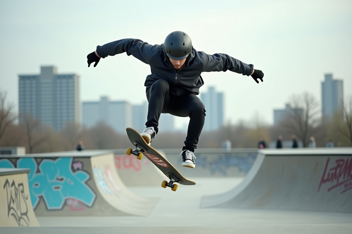 Jeune homme en skate dans un skatepark urbain dynamique