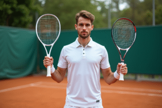 Jeune joueur de tennis avec deux raquettes en main sur court extérieur