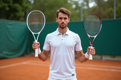 Jeune joueur de tennis avec deux raquettes en main sur court extérieur