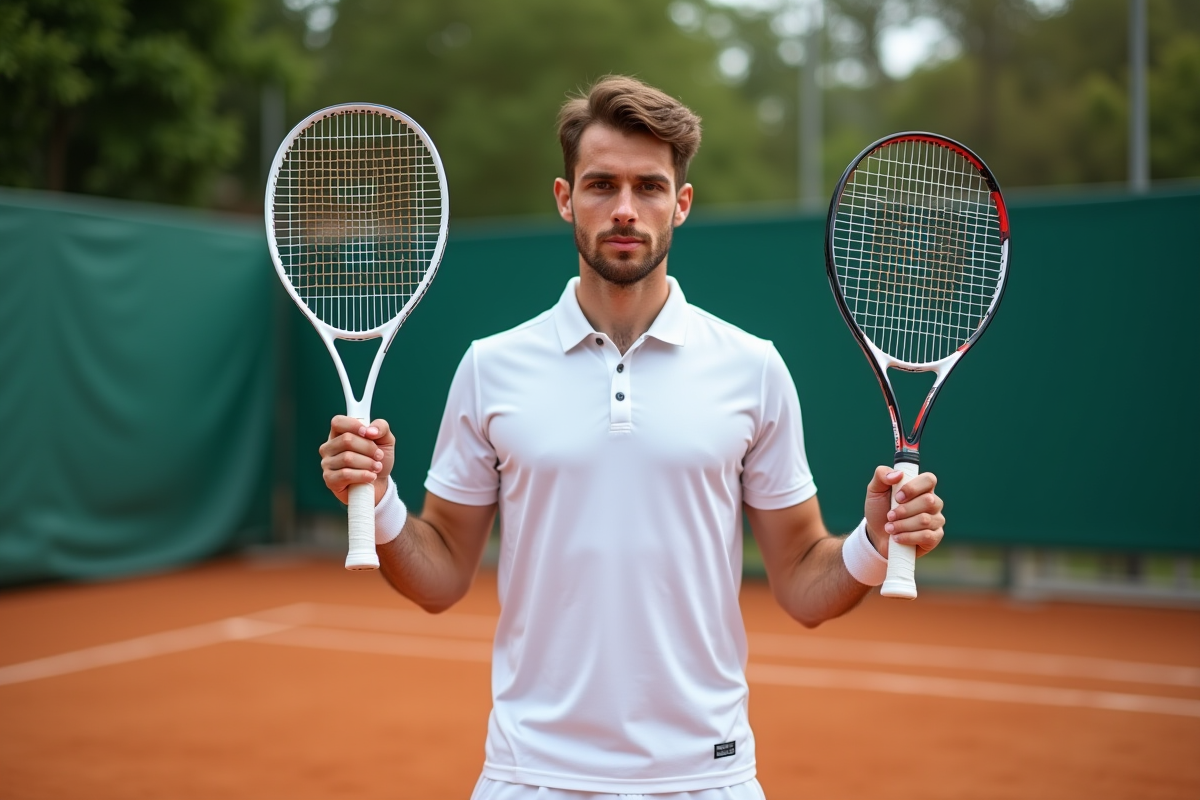 Jeune joueur de tennis avec deux raquettes en main sur court extérieur