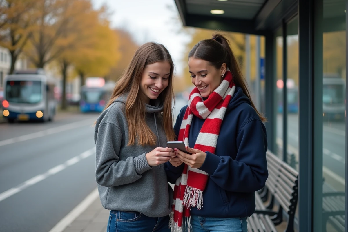Deux jeunes femmes vérifiant résultats rugby sur smartphone