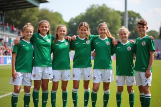 Jeunes joueurs de football souriants en équipe sur le terrain