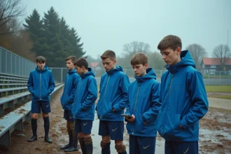 Jeunes joueurs de football sous la pluie sur un terrain boueux
