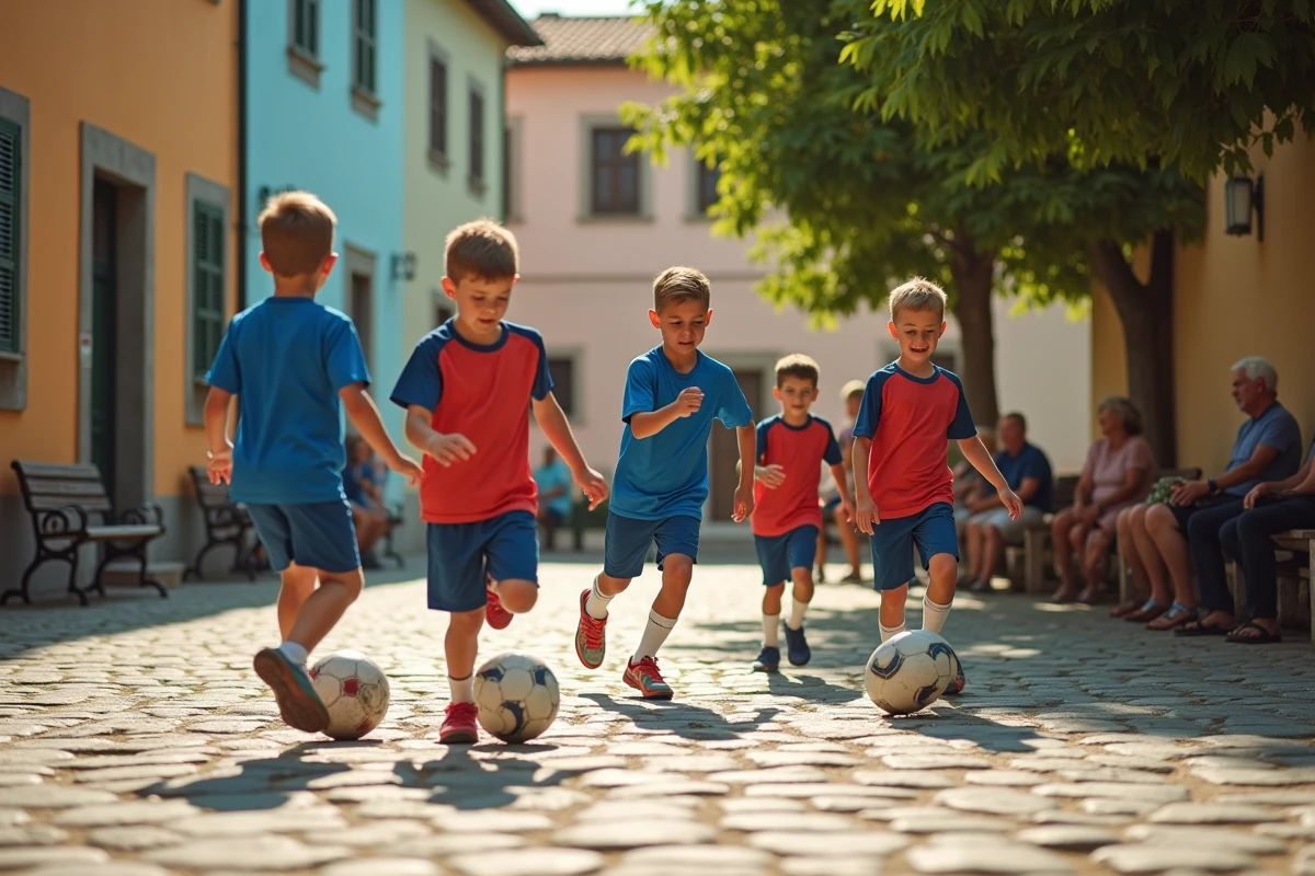 Jeunes jouant au football dans une place de village en Italie
