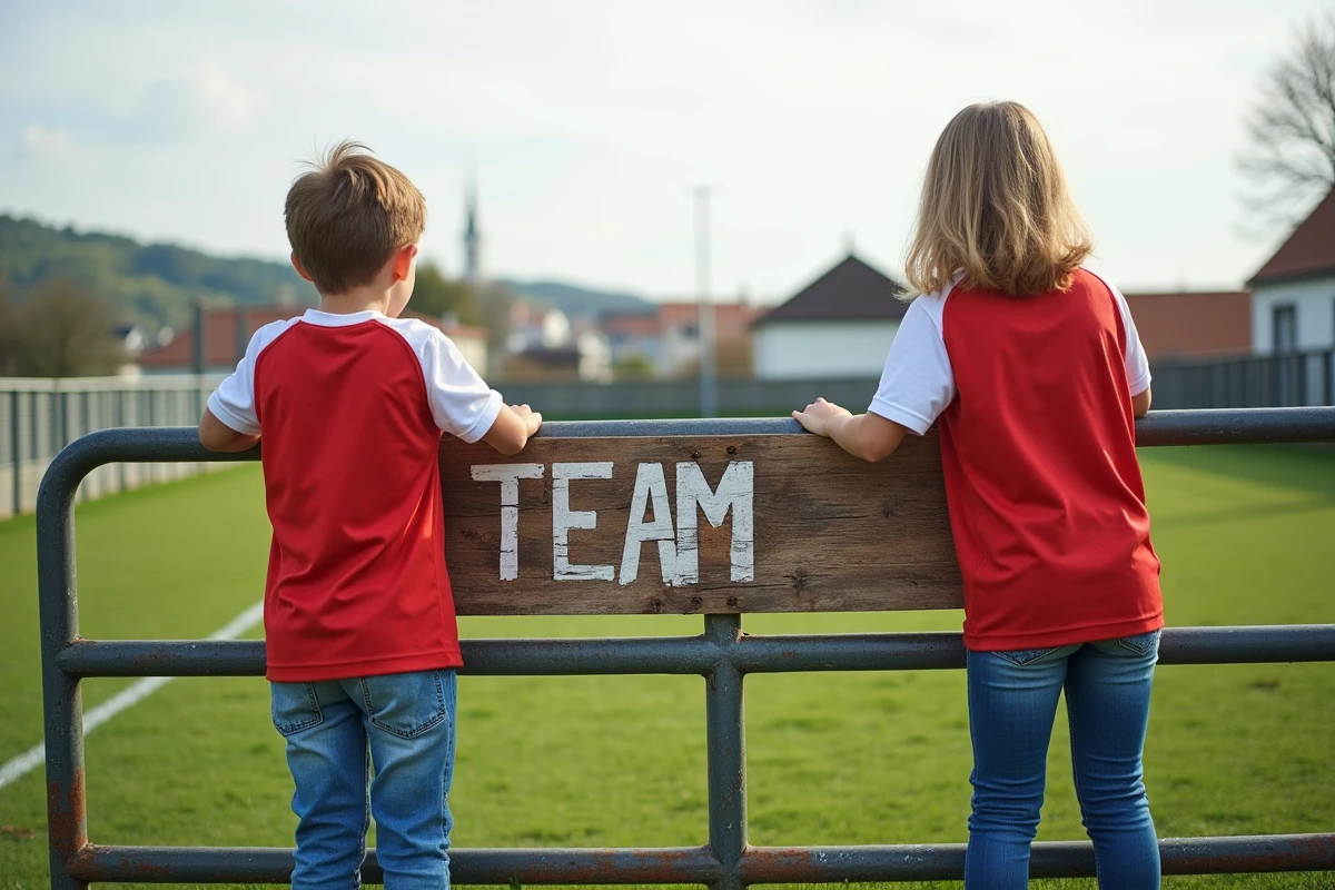 Jeunes posant un panneau de football sur un terrain rural