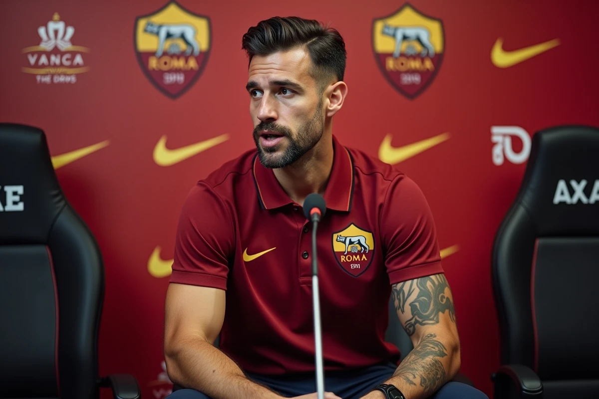 Joueur de l'AS Roma donnant une interview en zone mixte après un match dans l'espace presse du stade olympique