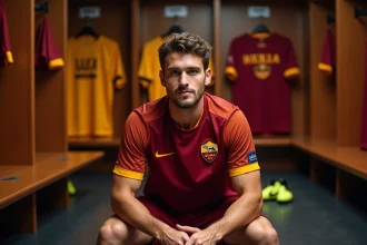 Joueur de l'AS Roma assis dans le vestiaire du club en tenue d'entraînement, coulisses authentiques avant un match