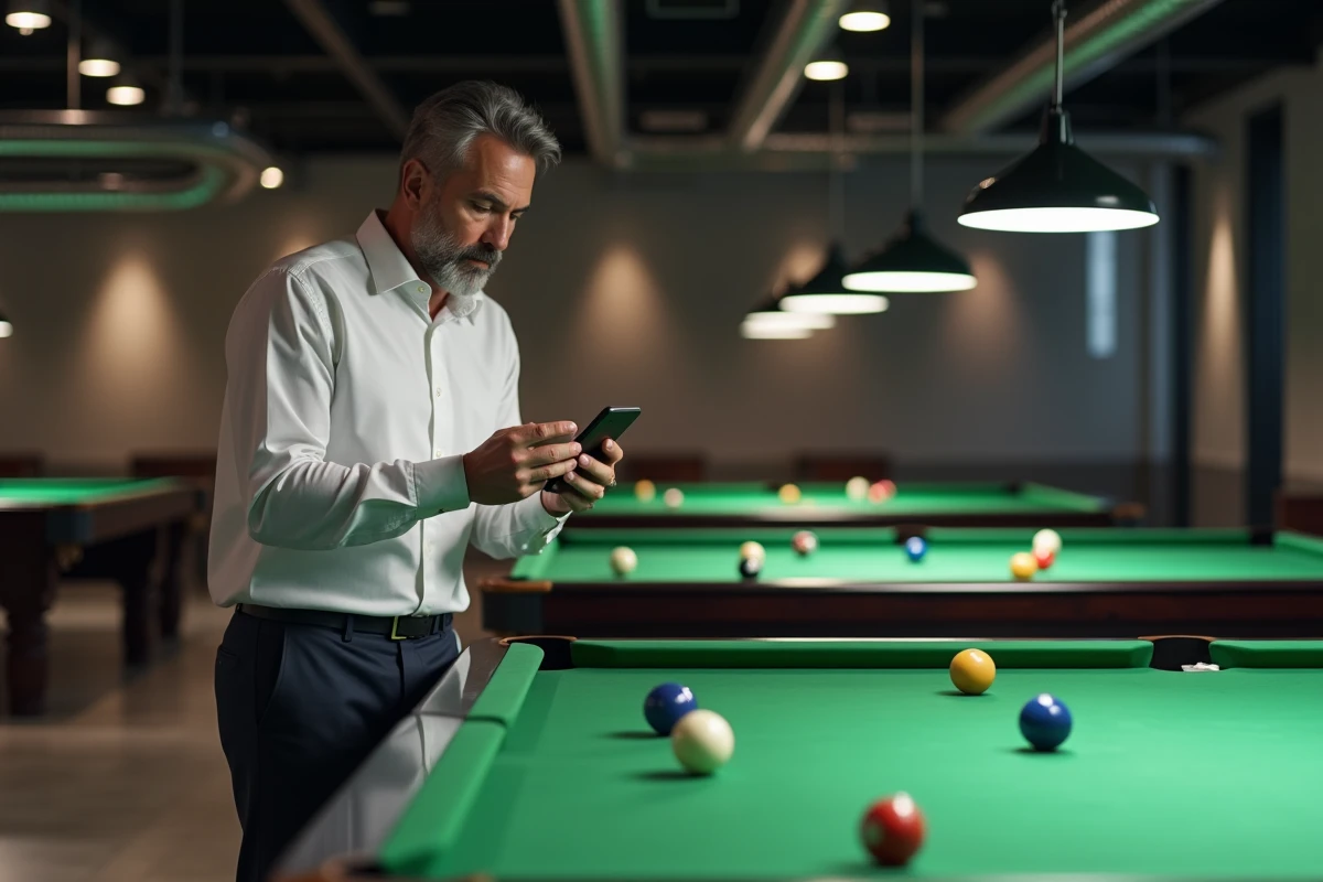 Joueur de billard utilisant une calculette de rotation en degrés sur smartphone pendant une séance d'entraînement moderne