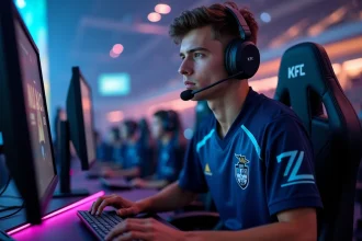 Joueur esport concentré sur son écran lors d'un tournoi BMS esport 2026 dans une arène professionnelle
