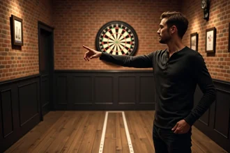 Joueur de fléchettes adulte en position de lancer respectant la distance officielle de l'oche dans un pub britannique
