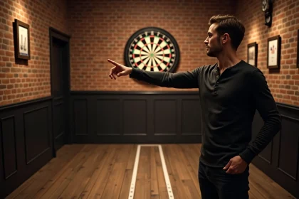 Joueur de fléchettes adulte en position de lancer respectant la distance officielle de l'oche dans un pub britannique