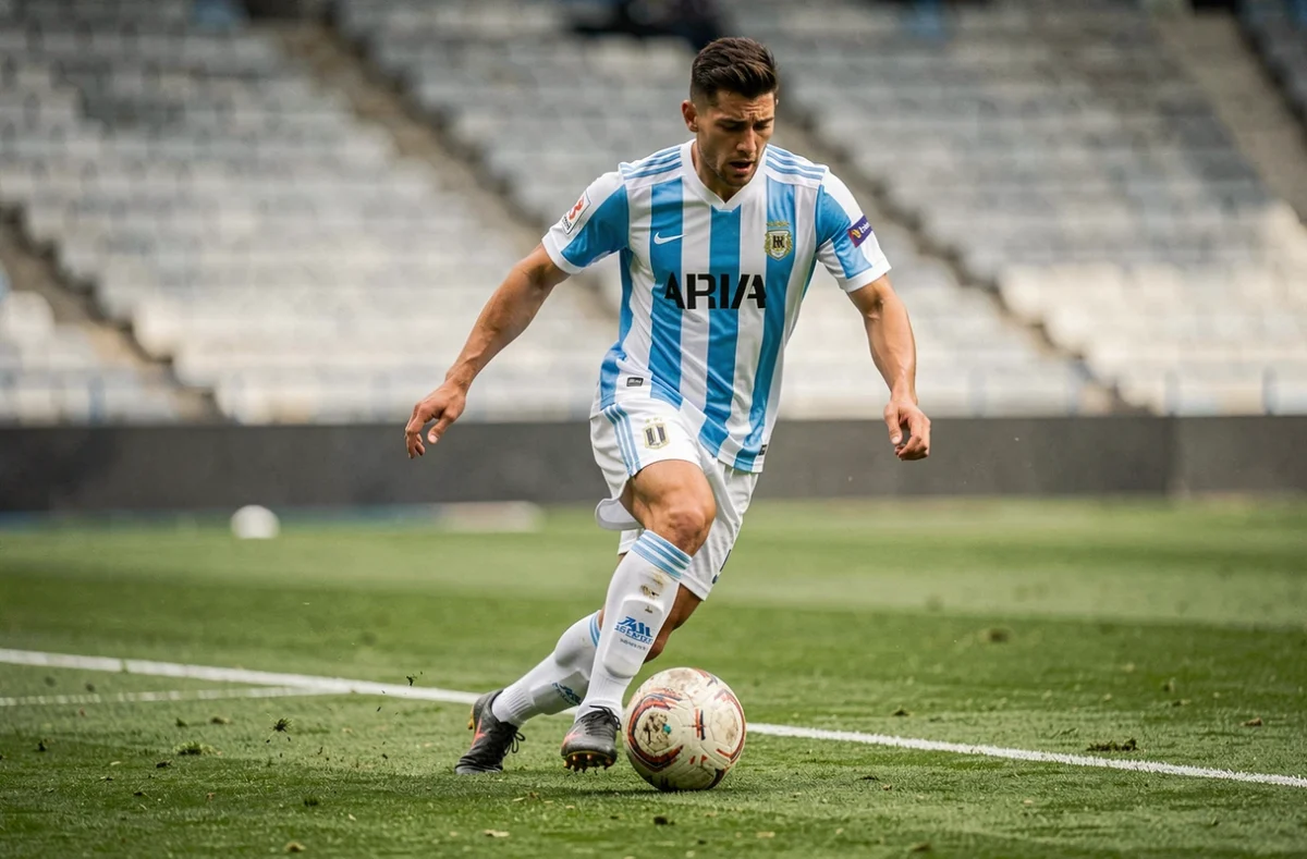 Joueur de football argentin en action sur le terrain, maillot bleu et blanc de l'Albiceleste, contrôle du ballon en match dans un grand stade professionnel