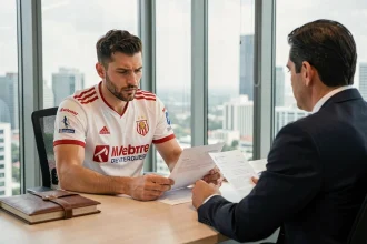 Joueur de football professionnel en discussion contractuelle avec son agent dans un bureau moderne, examinant des documents de transfert
