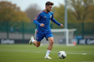Jeune footballeur en action sur le terrain avec contrôle du ballon