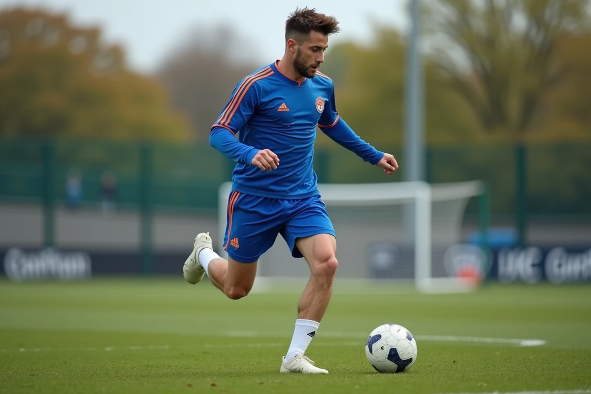 Jeune footballeur en action sur le terrain avec contrôle du ballon
