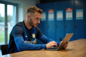 Footballeur en train de consulter ses statistiques sur tablette