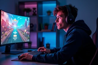 Joueur de League of Legends concentré devant son écran affichant les rangs du jeu, de fer à challenger