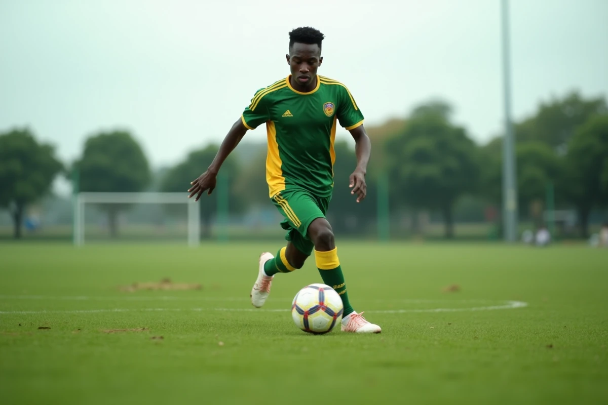 Joueur de football congolais en plein dribble lors d'une séance d'entraînement des Léopards de la RDC en préparation pour la CAN 2026