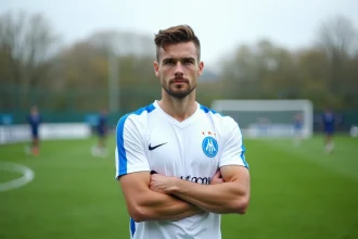 Joueur de l'OM en tenue d'entraînement sur le terrain, concentré avant une séance de préparation pour les matchs 2026